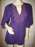 NEW Womens PURPLE Bell 3/4 Sleeve TOP Crochet Beads V-Neck Empire Waist Small S