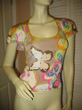 BCBGGirls Womens Tops Multi Color Colored BUTTERFLY BUTTERFLIES Pattern Print Prints Cap Cape Sleeve TOP Blouse size XS Xsmall Junior Juniors Girl Girls Clothes Clothing Cute Sexy Summer Wear Sun Sunwear Cheap Affordable Wears