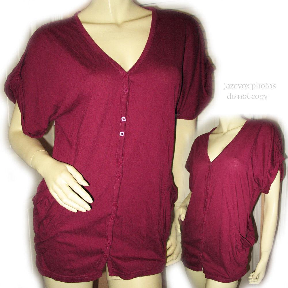 Womens Tops Deep RED WINE MAROON BURGUNDY Short Sleeve Button Down V-Neck TOP SHIRT Small Casual Clothes