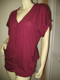 Womens Tops Deep RED WINE MAROON BURGUNDY Short Sleeve Button Down V-Neck Vneck TOP SHIRT Blouse size Small Women Casual Clothes Everyday Clothing