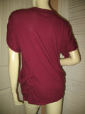 Womens Tops Deep RED WINE MAROON BURGUNDY Short Sleeve Button Down V-Neck TOP SHIRT Small Casual Clothes