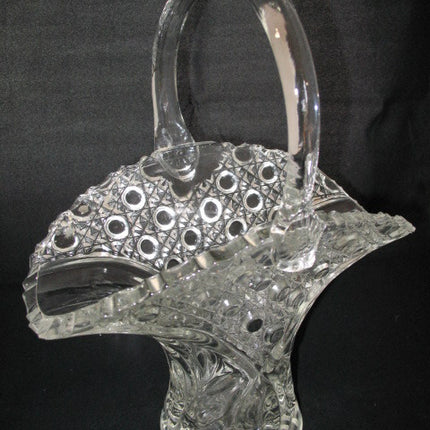 12" VINTAGE LEAD CRYSTAL CUT GLASS BASKET BOWL VASE Diamonds Buttons Pattern