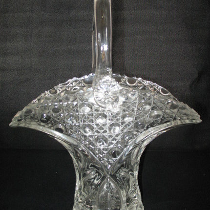 12" VINTAGE LEAD CRYSTAL CUT GLASS BASKET BOWL VASE Diamonds Buttons Pattern
