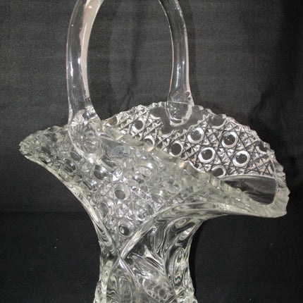 12" VINTAGE LEAD CRYSTAL CUT GLASS BASKET BOWL VASE Diamonds Buttons Pattern