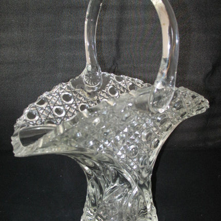 12" VINTAGE LEAD CRYSTAL CUT GLASS BASKET BOWL VASE Diamonds Buttons Pattern