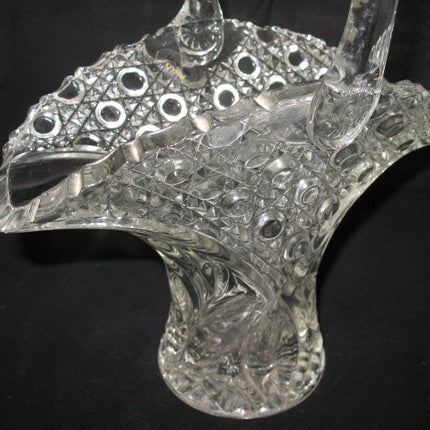12" VINTAGE LEAD CRYSTAL CUT GLASS BASKET BOWL VASE Diamonds Buttons Pattern