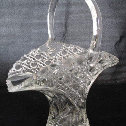 12" VINTAGE LEAD CRYSTAL CUT GLASS BASKET BOWL VASE Diamonds Buttons Pattern