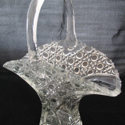 12" VINTAGE LEAD CRYSTAL CUT GLASS BASKET BOWL VASE Diamonds Buttons Pattern