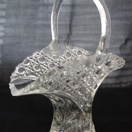 12" VINTAGE LEAD CRYSTAL CUT GLASS BASKET BOWL VASE Diamonds Buttons Pattern