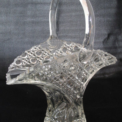 12" VINTAGE LEAD CRYSTAL CUT GLASS BASKET BOWL VASE Diamonds Buttons Pattern