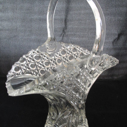 12" VINTAGE LEAD CRYSTAL CUT GLASS BASKET BOWL VASE Diamonds Buttons Pattern