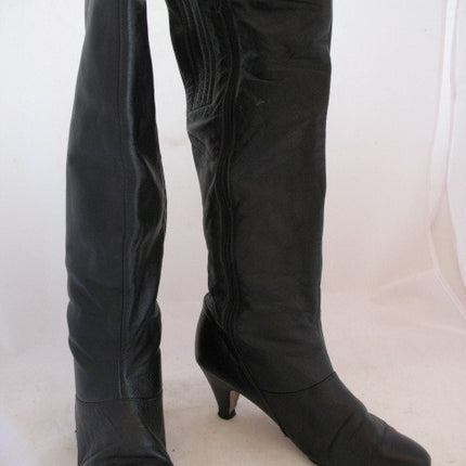 USA MADE VINTAGE Womens BLACK LEATHER Knee High Classic BOOTS Heels SHOES size 6