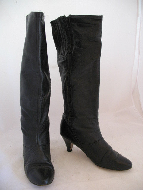 USA MADE VINTAGE Womens BLACK LEATHER Knee High Classic BOOTS Heels SHOES size 6