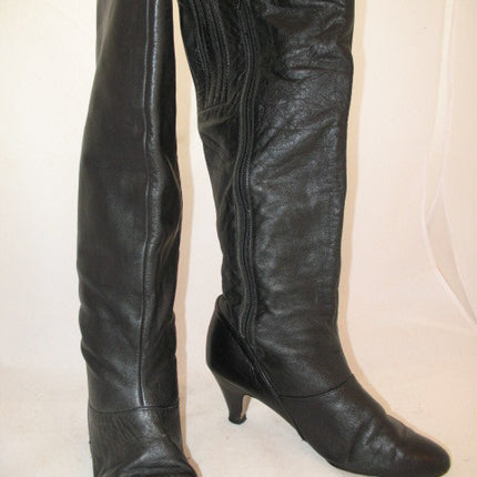 USA MADE VINTAGE Womens BLACK LEATHER Knee High Classic BOOTS Heels SHOES size 6