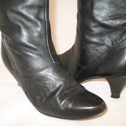 USA MADE VINTAGE Womens BLACK LEATHER Knee High Classic BOOTS Heels SHOES size 6