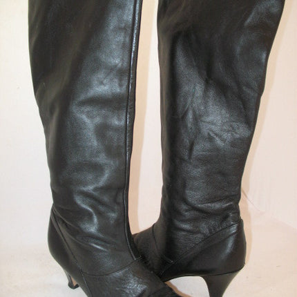 USA MADE VINTAGE Womens BLACK LEATHER Knee High Classic BOOTS Heels SHOES size 6