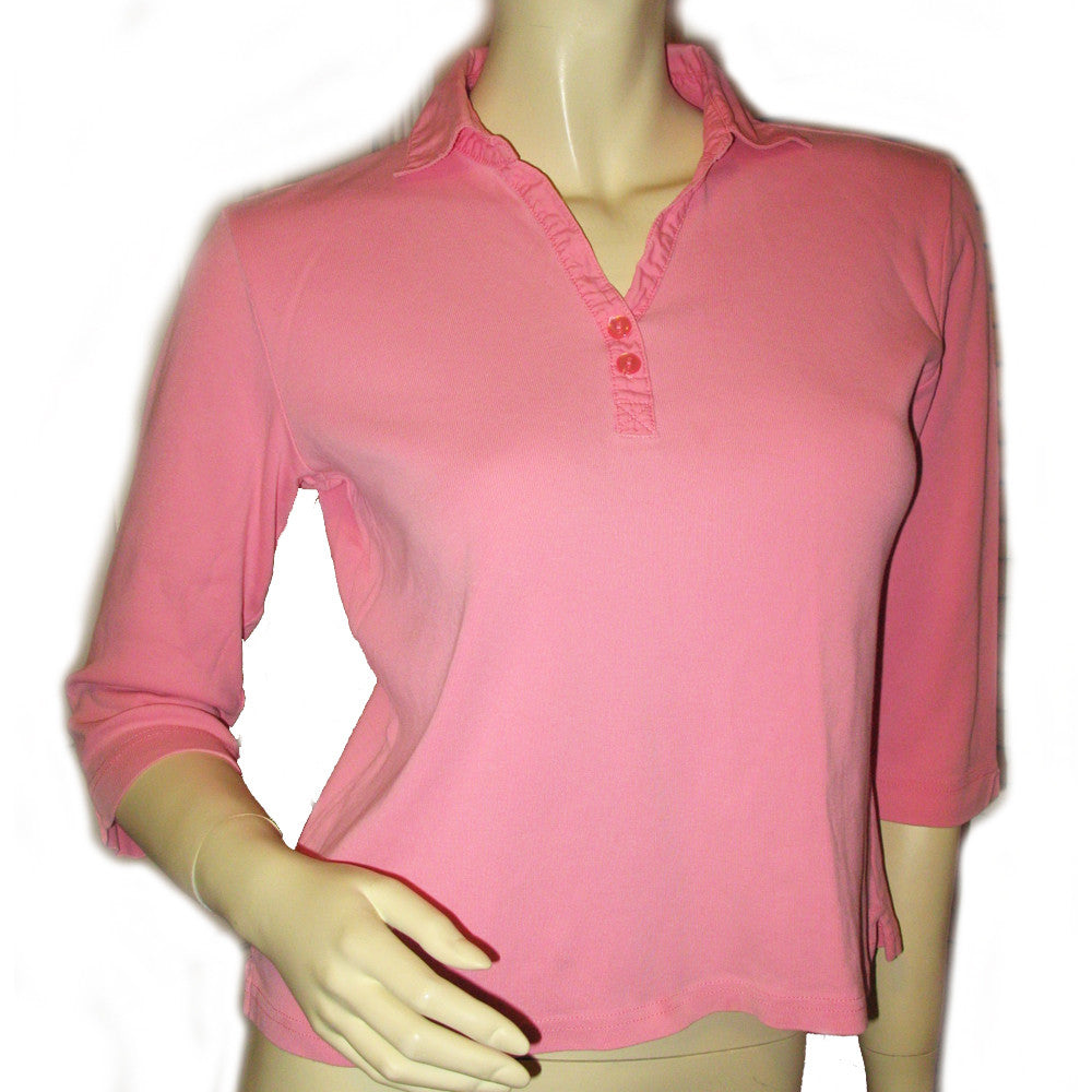 Womens Tops TALBOTS PINK 3/4 Sleeve V-Neck Collar Collared COTTON SHIRT TOP Small Casual Clothes