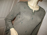 NEW Womens Tops OLIVE GREEN Gray Grey Tone Color Gold Floral Flowers Embroidery Pattern BELL LONG SLEEVE TOP Asian Inspired Indian India Fashion Style Clothes Clothing size Medium Women Cheap Affordable Wear