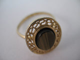 Womens Metal Gold Tone Natural BROWN AGATE? STONE OBLONG ADJUSTABLE RING 7-8-9