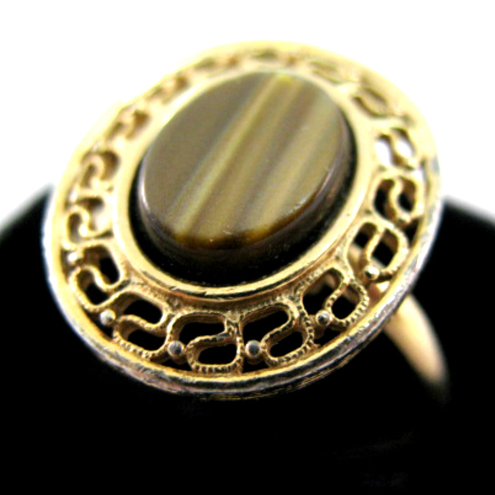 Womens Metal Gold Tone Natural BROWN AGATE? STONE OBLONG ADJUSTABLE RING 7-8-9