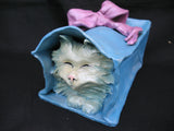Vintage Ceramic CAT KITTY KITTEN Art Pottery BLUE Gift PAPER BAG Pink Ribbon Home Decors Decorations