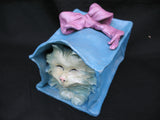 Vintage Ceramic CAT KITTY KITTEN Art Pottery BLUE Gift PAPER BAG Pink Ribbon Home Decors Decorations