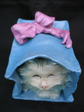 Vintage Ceramic CAT KITTY KITTEN Art Pottery BLUE Gift PAPER BAG Pink Ribbon Home Decors Decorations
