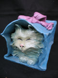 Vintage Ceramic CAT KITTY KITTEN Art Pottery BLUE Gift PAPER BAG Pink Ribbon Home Decors Decorations