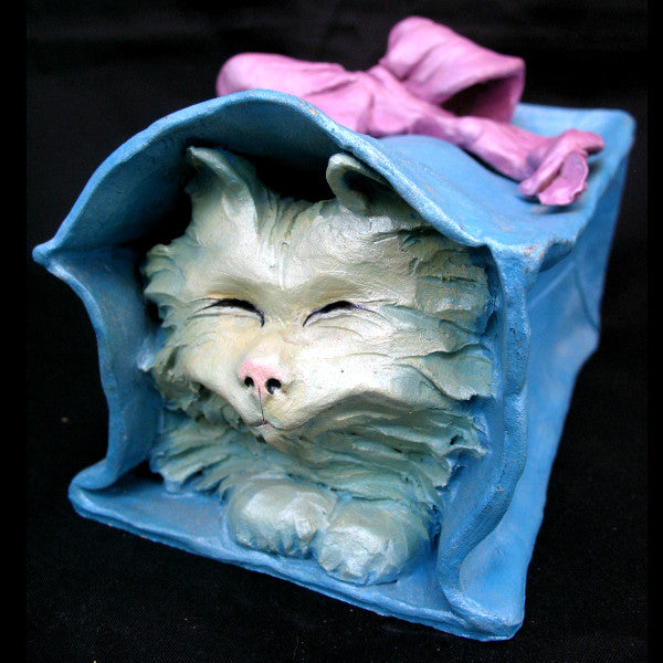 Vintage Ceramic CAT KITTY KITTEN Art Pottery BLUE Gift PAPER BAG Pink Ribbon W92