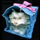 Vintage Ceramic CAT KITTY KITTEN Art Pottery BLUE Gift PAPER BAG Pink Ribbon Home Decors Decorations