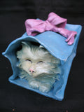 Vintage Ceramic CAT KITTY KITTEN Art Pottery BLUE Gift PAPER BAG Pink Ribbon Home Decors Decorations