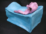 Vintage Ceramic CAT KITTY KITTEN Art Pottery BLUE Gift PAPER BAG Pink Ribbon W92