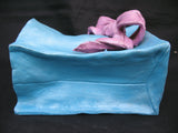 Vintage Ceramic CAT KITTY KITTEN Art Pottery BLUE Gift PAPER BAG Pink Ribbon W92