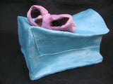Vintage Ceramic CAT KITTY KITTEN Art Pottery BLUE Gift PAPER BAG Pink Ribbon W92