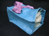 Vintage Ceramic CAT KITTY KITTEN Art Pottery BLUE Gift PAPER BAG Pink Ribbon W92