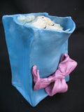 Vintage Ceramic CAT KITTY KITTEN Art Pottery BLUE Gift PAPER BAG Pink Ribbon W92