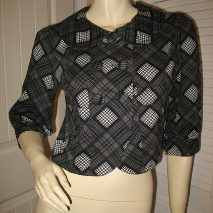 Womens Blazers Tops BLACK GRAY GREY White Check Checkered Plaid Pattern 3/4 Sleeve BLAZER TOP Women Career Office Work Wear Business Attire size Small Baby Collar Collared Button Down Cheap Affordable Clothes Clothing Wears