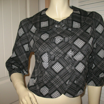 Womens Blazers Tops BLACK GRAY GREY White Check Checkered Plaid Pattern 3/4 Sleeve BLAZER TOP Women Career Office Work Wear Business Attire size Small Baby Collar Collared Button Down Cheap Affordable Clothes Clothing Wears