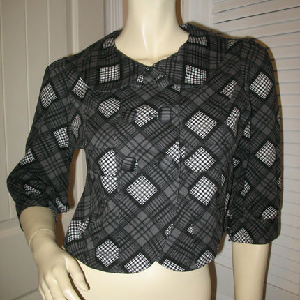 Womens Blazers Tops BLACK GRAY GREY White Check Checkered Plaid Pattern 3/4 Sleeve BLAZER TOP Women Career Office Work Wear Business Attire size Small Baby Collar Collared Button Down Cheap Affordable Clothes Clothing Wears