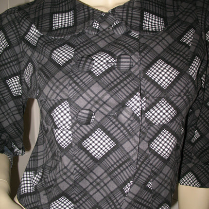 Womens Blazers Tops BLACK GRAY GREY White Check Checkered Plaid Pattern 3/4 Sleeve BLAZER TOP Women Career Office Work Wear Business Attire size Small Baby Collar Collared Button Down Cheap Affordable Clothes Clothing Wears