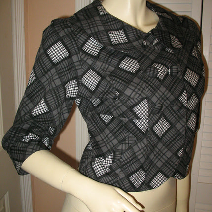 Womens Blazers Tops BLACK GRAY GREY White Check Checkered Plaid Pattern 3/4 Sleeve BLAZER TOP Women Career Office Work Wear Business Attire size Small Baby Collar Collared Button Down Cheap Affordable Clothes Clothing Wears