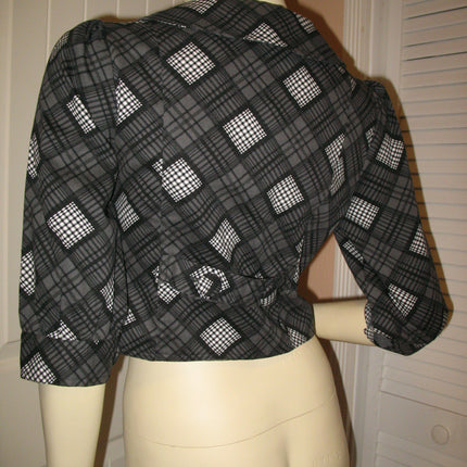 Womens Blazers Tops BLACK GRAY GREY White Check Checkered Plaid Pattern 3/4 Sleeve BLAZER TOP Women Career Office Work Wear Business Attire size Small Baby Collar Collared Button Down Cheap Affordable Clothes Clothing Wears
