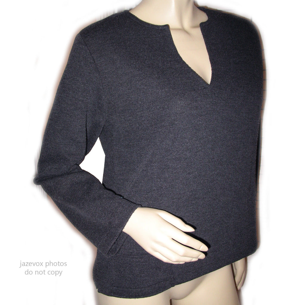 Womens Sweaters Tops Dark GRAY GREY LONG SLEEVE V-NECK VNECK TOP SHIRT Winter Clothes Clothing Front Pocket Medium