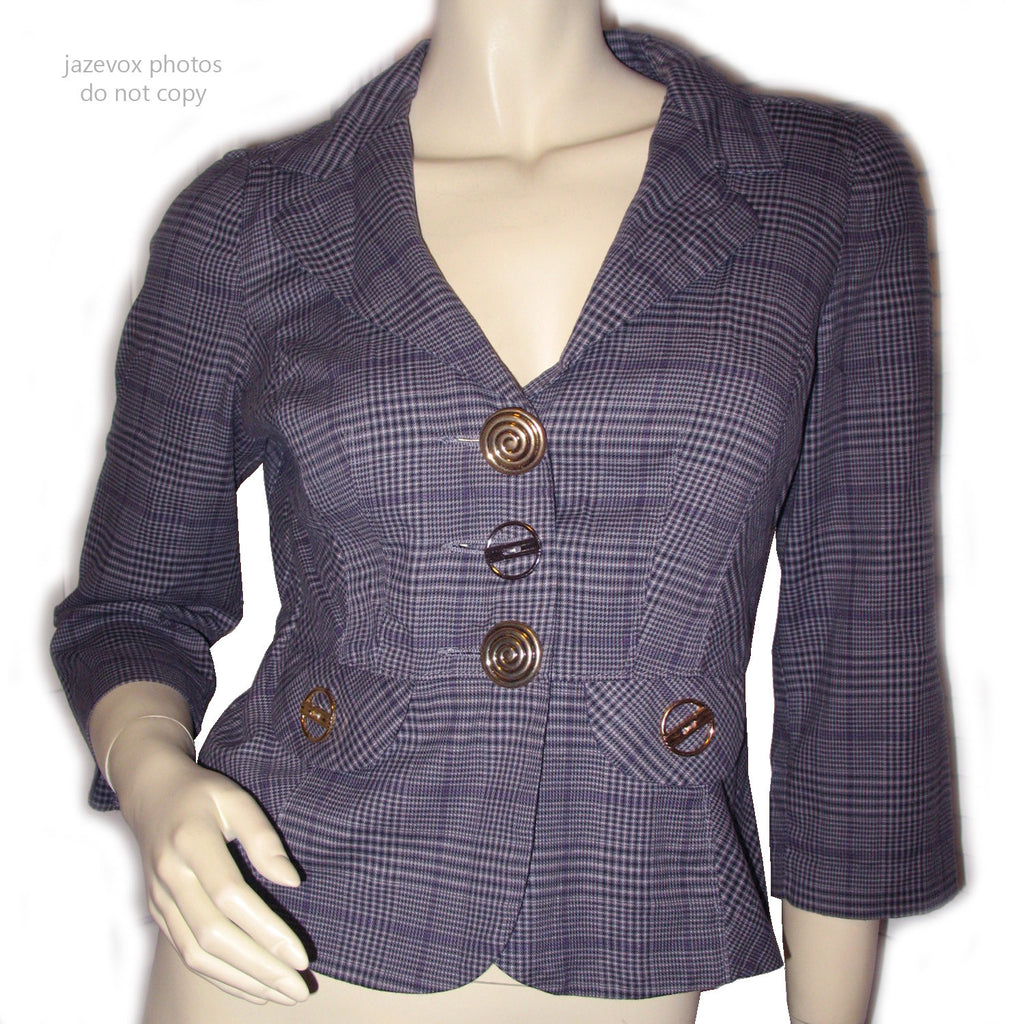 Candie's Womens Blazers V-Neck Blazer Jacket Top Check Checkered Gray Grey Black 3/4 Sleeve Medium Office Wear Business Attire