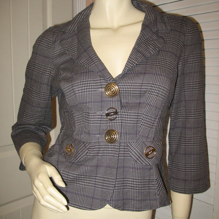Womens Blazers Tops GRAY GREY Black Check Checks Checkered Pattern 3/4 Sleeve V-NECK BLAZER TOP size Medium Career Office Wear Business Attire Cheap Affordable Women Fashion Clothes Clothing