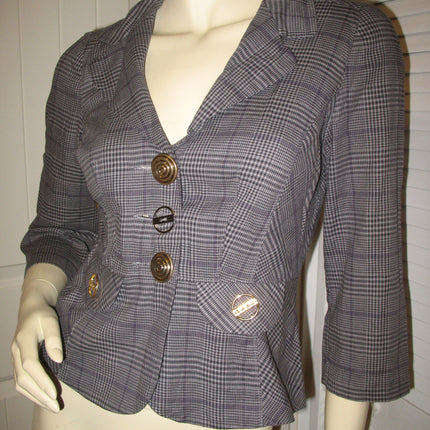 Womens Blazers Tops GRAY GREY Black Check Checks Checkered Pattern 3/4 Sleeve V-NECK BLAZER TOP size Medium Career Office Wear Business Attire Cheap Affordable Women Fashion Clothes Clothing