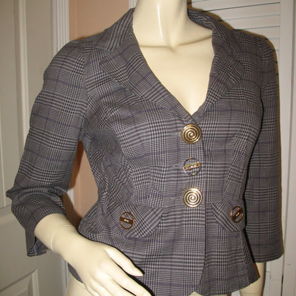 Womens Blazers Tops GRAY GREY Black Check Checks Checkered Pattern 3/4 Sleeve V-NECK BLAZER TOP size Medium Career Office Wear Business Attire Cheap Affordable Women Fashion Clothes Clothing