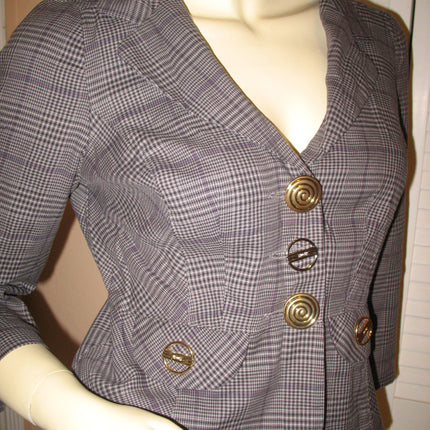 Womens Blazers Tops GRAY GREY Black Check Checks Checkered Pattern 3/4 Sleeve V-NECK BLAZER TOP size Medium Career Office Wear Business Attire Cheap Affordable Women Fashion Clothes Clothing