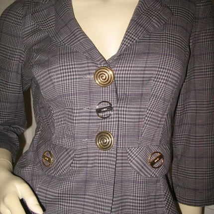 Womens Blazers Tops GRAY GREY Black Check Checks Checkered Pattern 3/4 Sleeve V-NECK BLAZER TOP size Medium Career Office Wear Business Attire Cheap Affordable Women Fashion Clothes Clothing