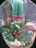 NEW 7pcs SET GREEN TAPER CANDLE CANDLES Glass Stripe Holders WICKER BASKET GIFT